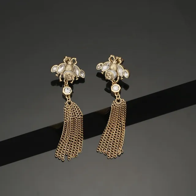 Gucci Bee Motif Crystal Pearl Chain Tassel Earrings 5