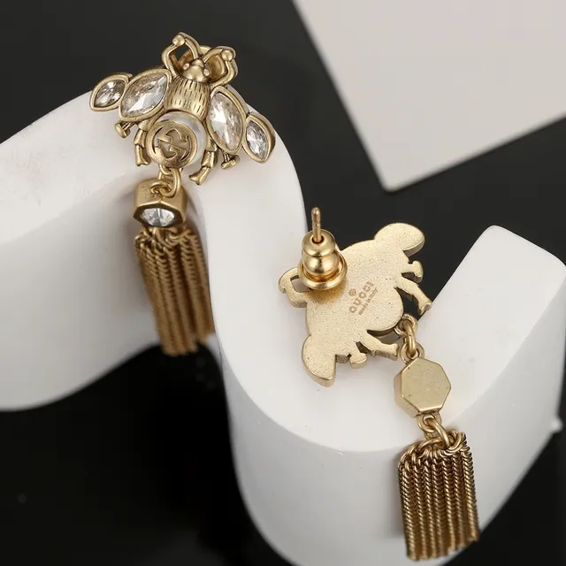 Gucci Bee Motif Crystal Pearl Chain Tassel Earrings 6