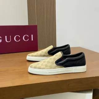 Gucci बेज ब्लैक GG Monogram कैनवास चमड़ा हील काउंटर लोफर