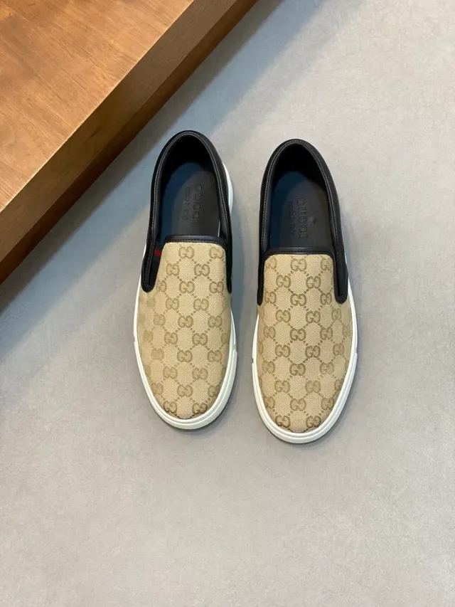 Gucci Beige Black GG Monogram Canvas Leather Heel Counter Loafer 5