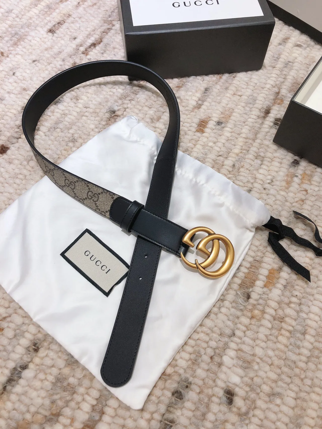 Gucci Beige Black GG Monogram Canvas Trim Leather Belt 2
