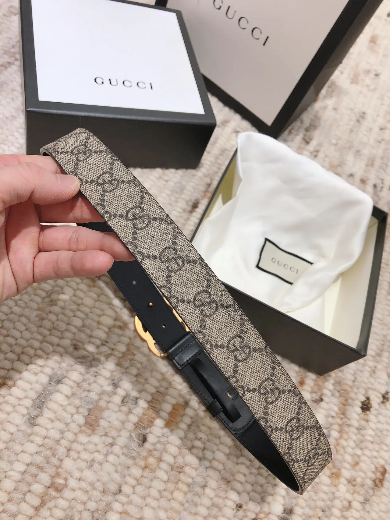 Gucci Beige Black GG Monogram Canvas Trim Leather Belt 3