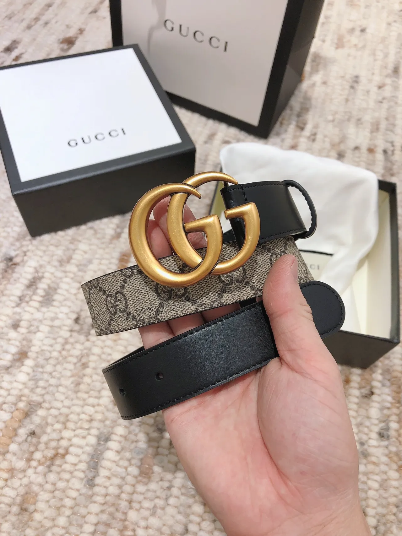 Gucci Beige Black GG Monogram Canvas Trim Leather Belt 4