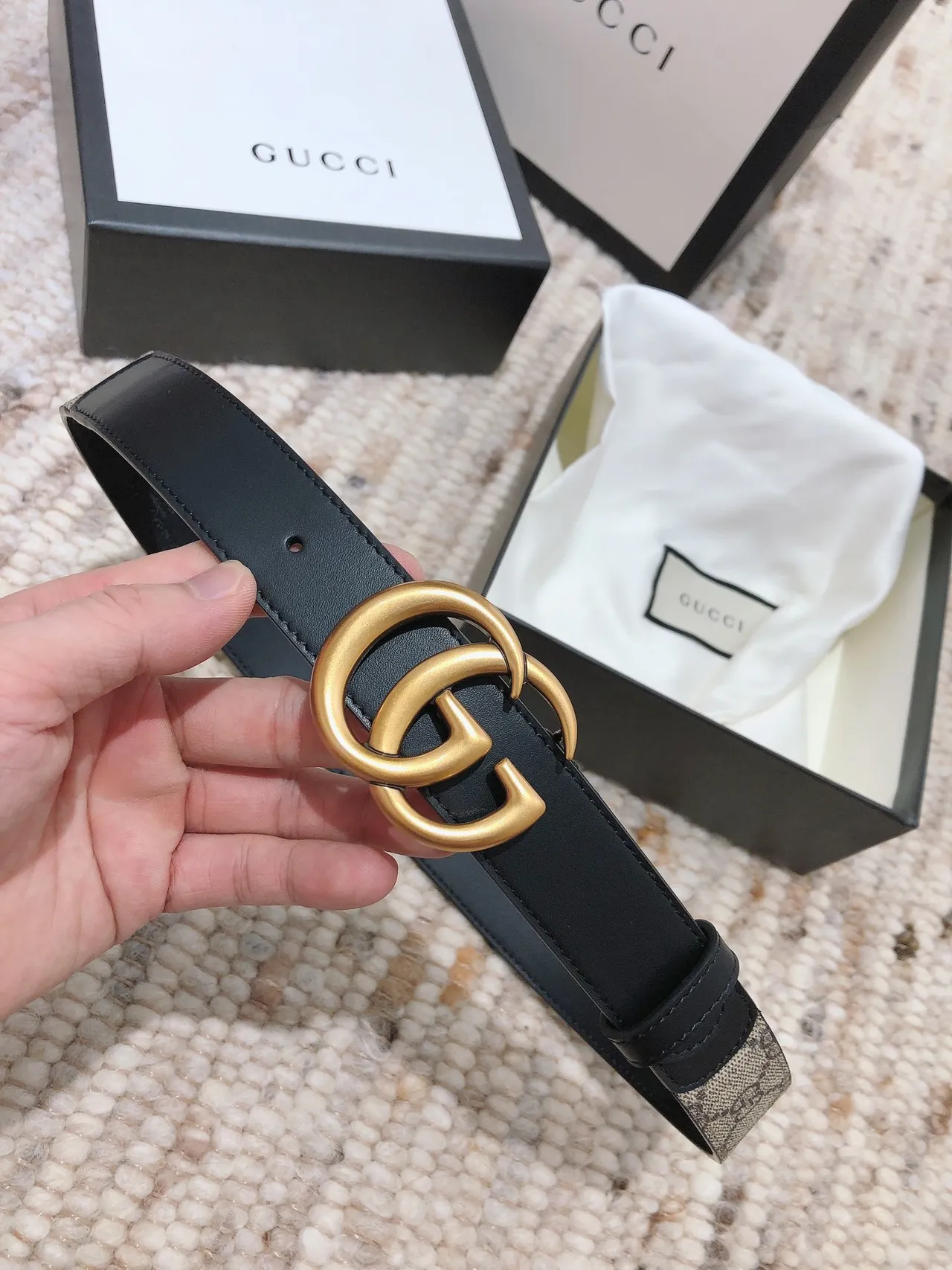 Gucci Beige Black GG Monogram Canvas Trim Leather Belt 5