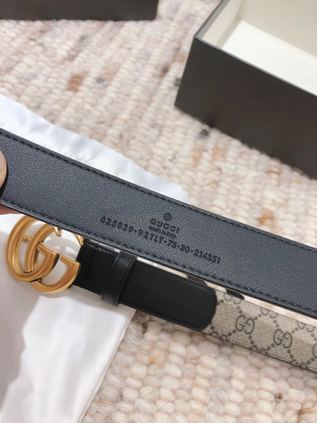 Gucci Beige Black GG Monogram Canvas Trim Leather Belt 6