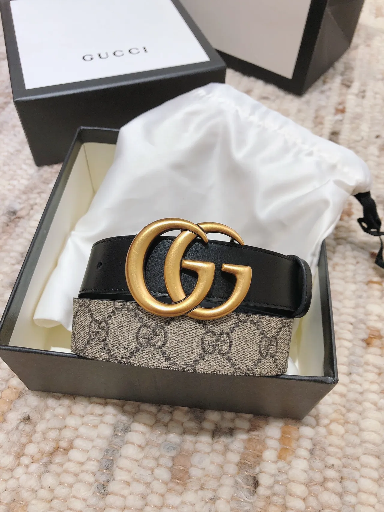 Gucci Beige Black GG Monogram Canvas Trim Leather Belt 8