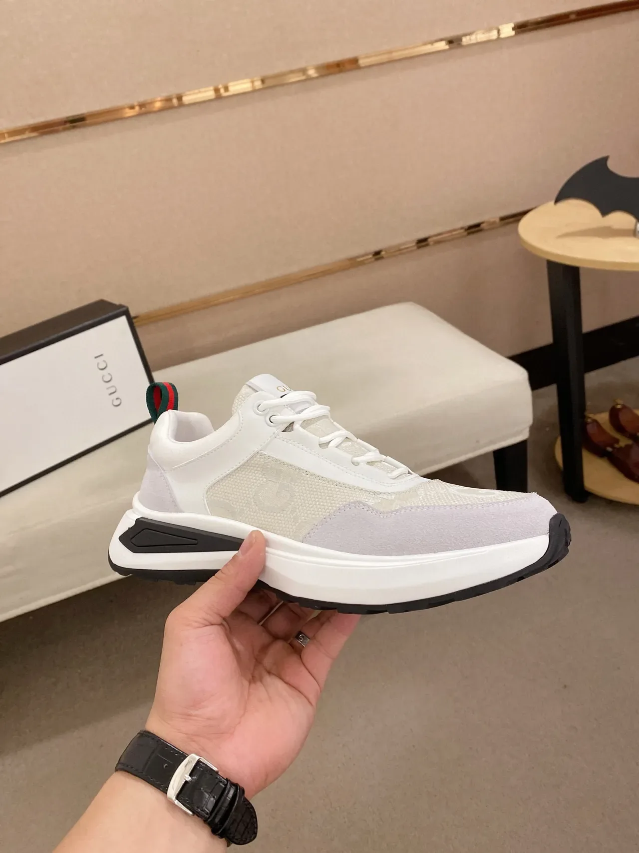 Gucci Beige Black Monogrammed Mesh Suede Overlays Lifestyle Sneakers 4