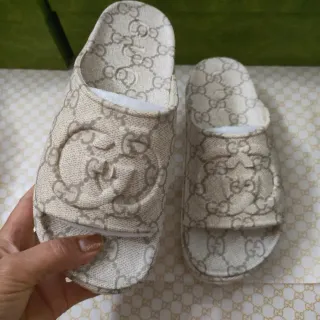 Gucci Beige Brown GG Monogram Canvas Embroidered Logo Detail Slippers