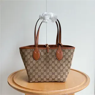 Gucci Beige Brown GG Monogram Canvas Leather Trim Tote Bag