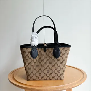 Gucci Beige Brown GG Monogram Canvas Leather Trim Tote Bag 5
