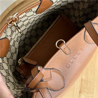Gucci Beige Brown GG Monogram Canvas Leather Trim Tote Bag 13