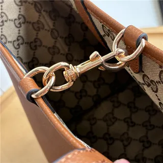 Gucci Beige Brown GG Monogram Canvas Leather Trim Tote Bag 14