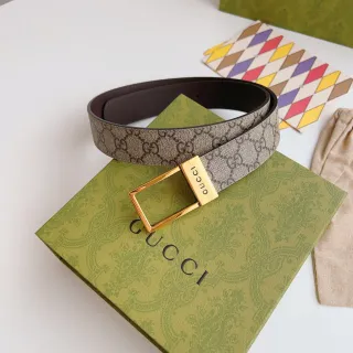 Gucci Beige Brown GG Monogram Canvas Reversible Leather Belt