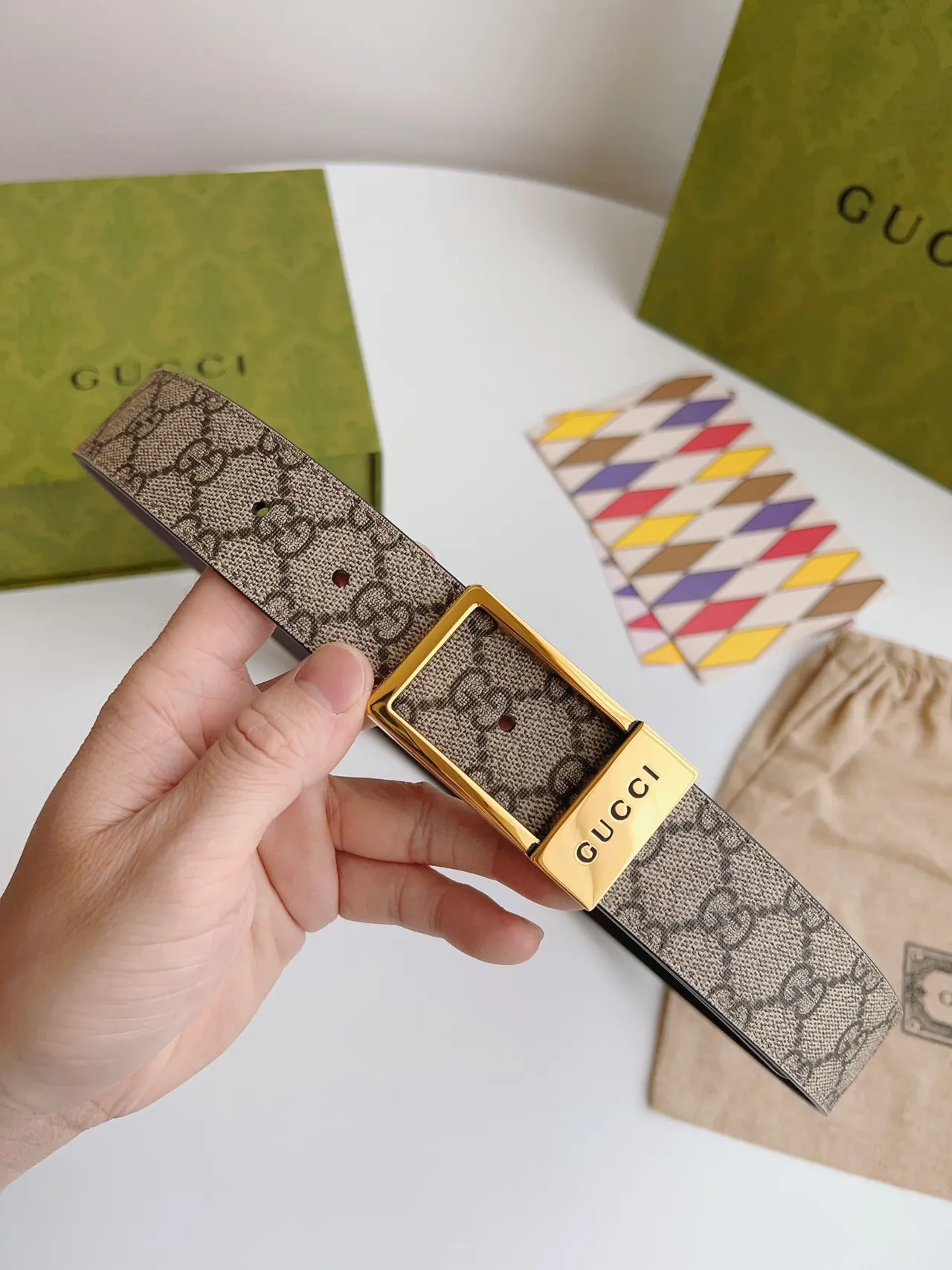 Gucci Beige Brown GG Monogram Canvas Reversible Leather Belt 3