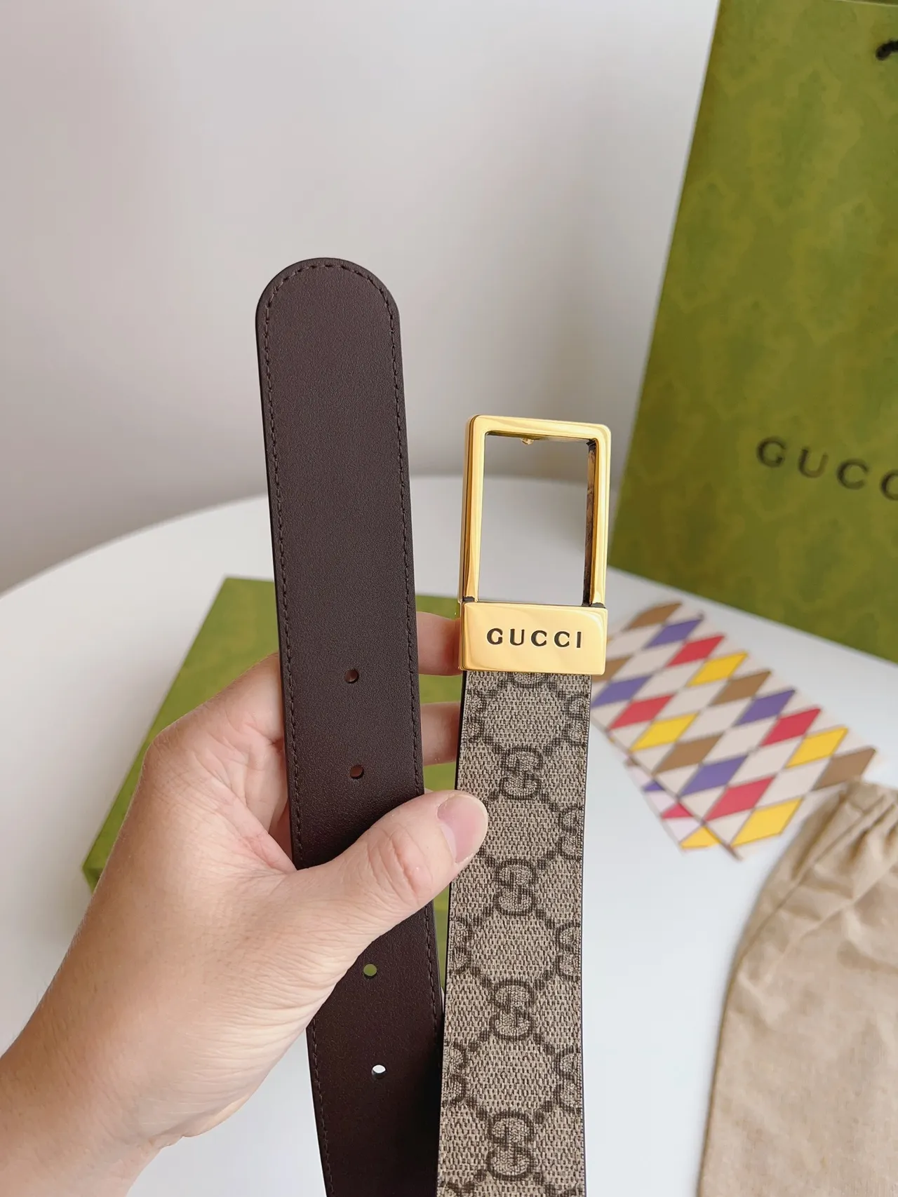Gucci Beige Brown GG Monogram Canvas Reversible Leather Belt 4