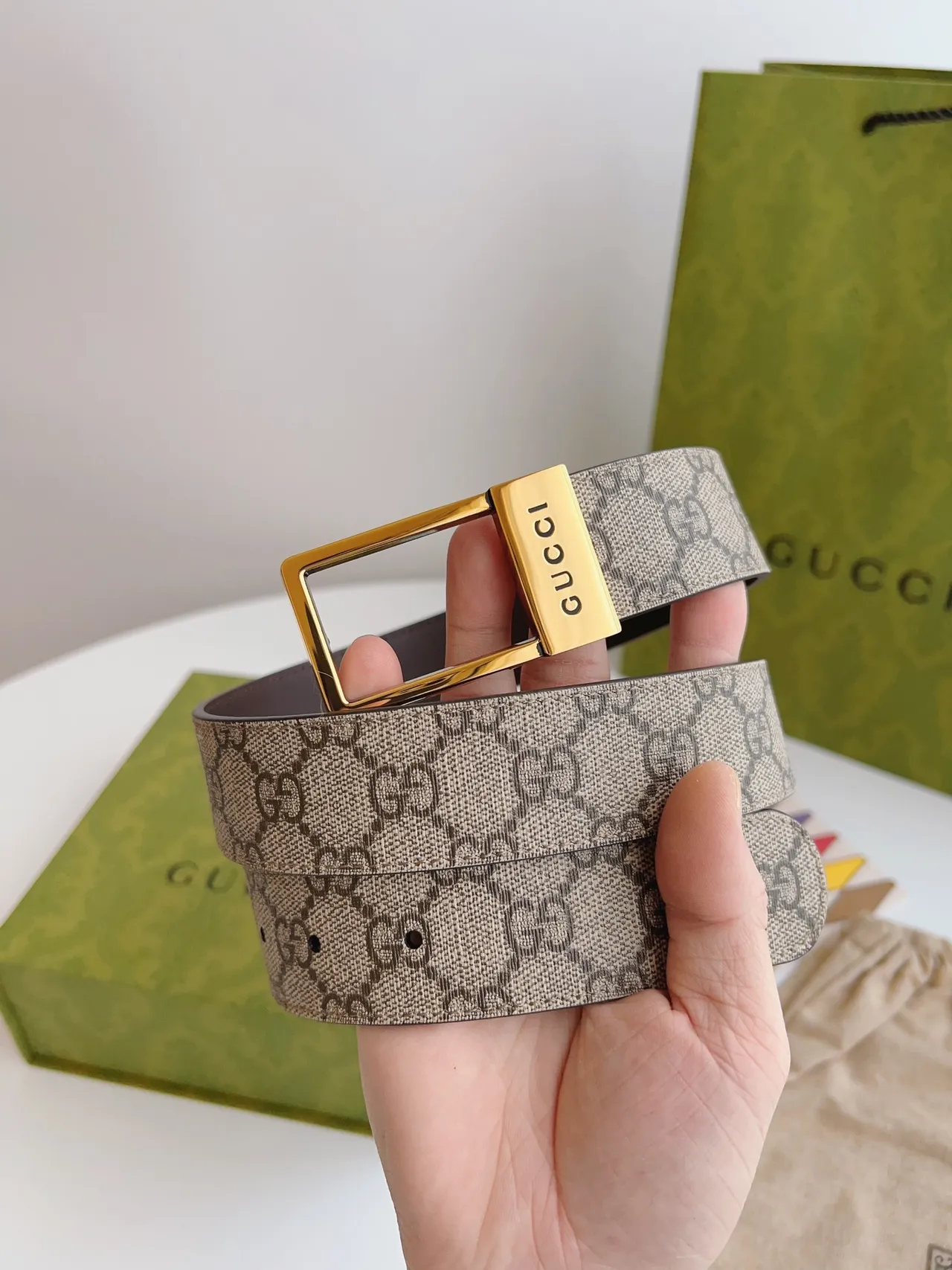 Gucci Beige Brown GG Monogram Canvas Reversible Leather Belt 5