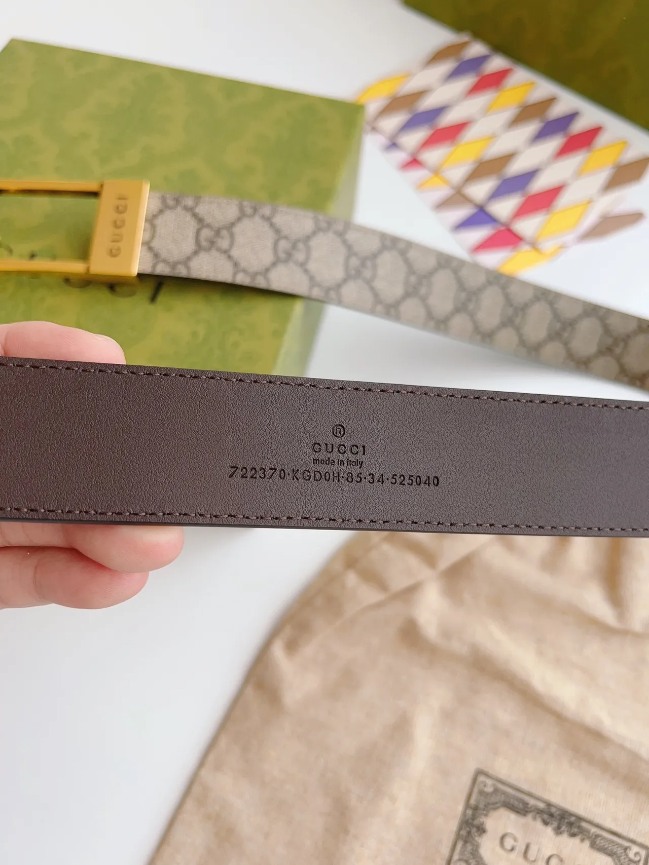 Gucci Beige Brown GG Monogram Canvas Reversible Leather Belt 6