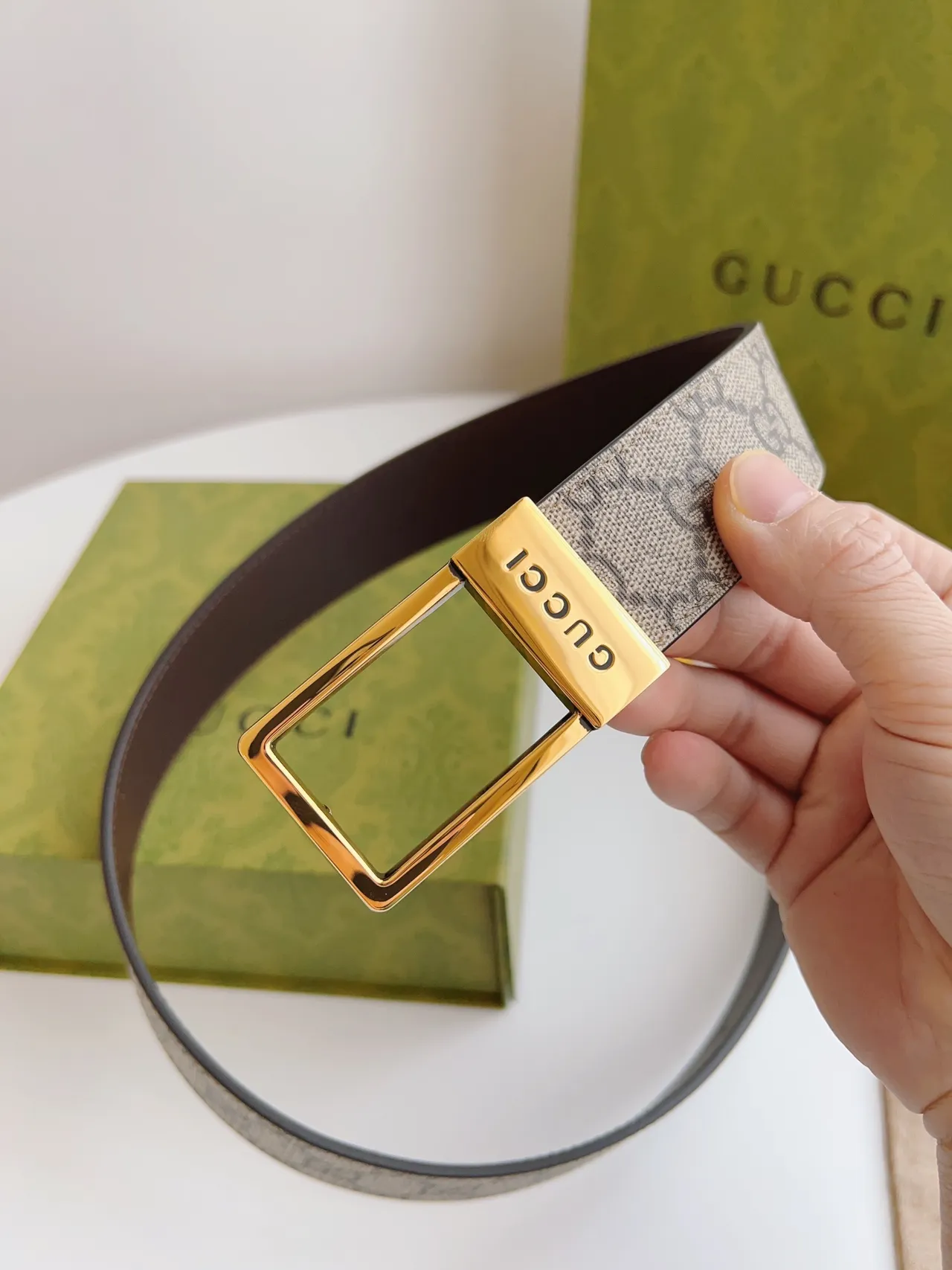 Gucci Beige Brown GG Monogram Canvas Reversible Leather Belt 7