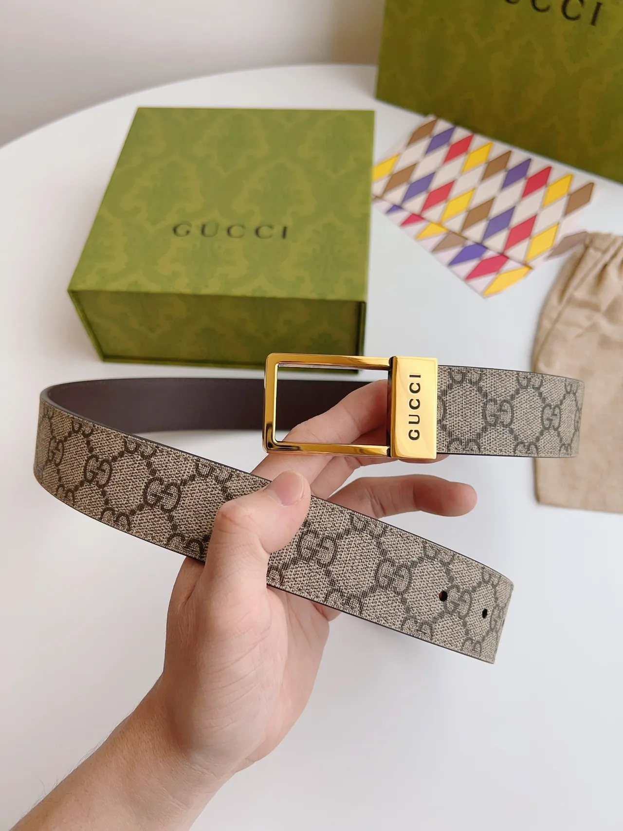 Gucci Beige Brown GG Monogram Canvas Reversible Leather Belt 8