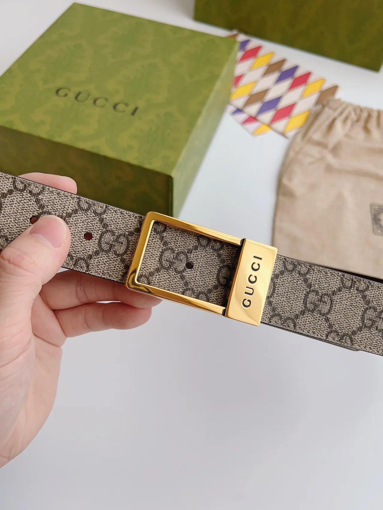 Gucci Beige Brown GG Monogram Canvas Reversible Leather Belt 9