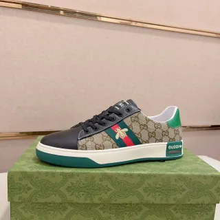 Gucci Beige Green GG Monogram Canvas Leather Toe Cap Lifestyle Sneakers