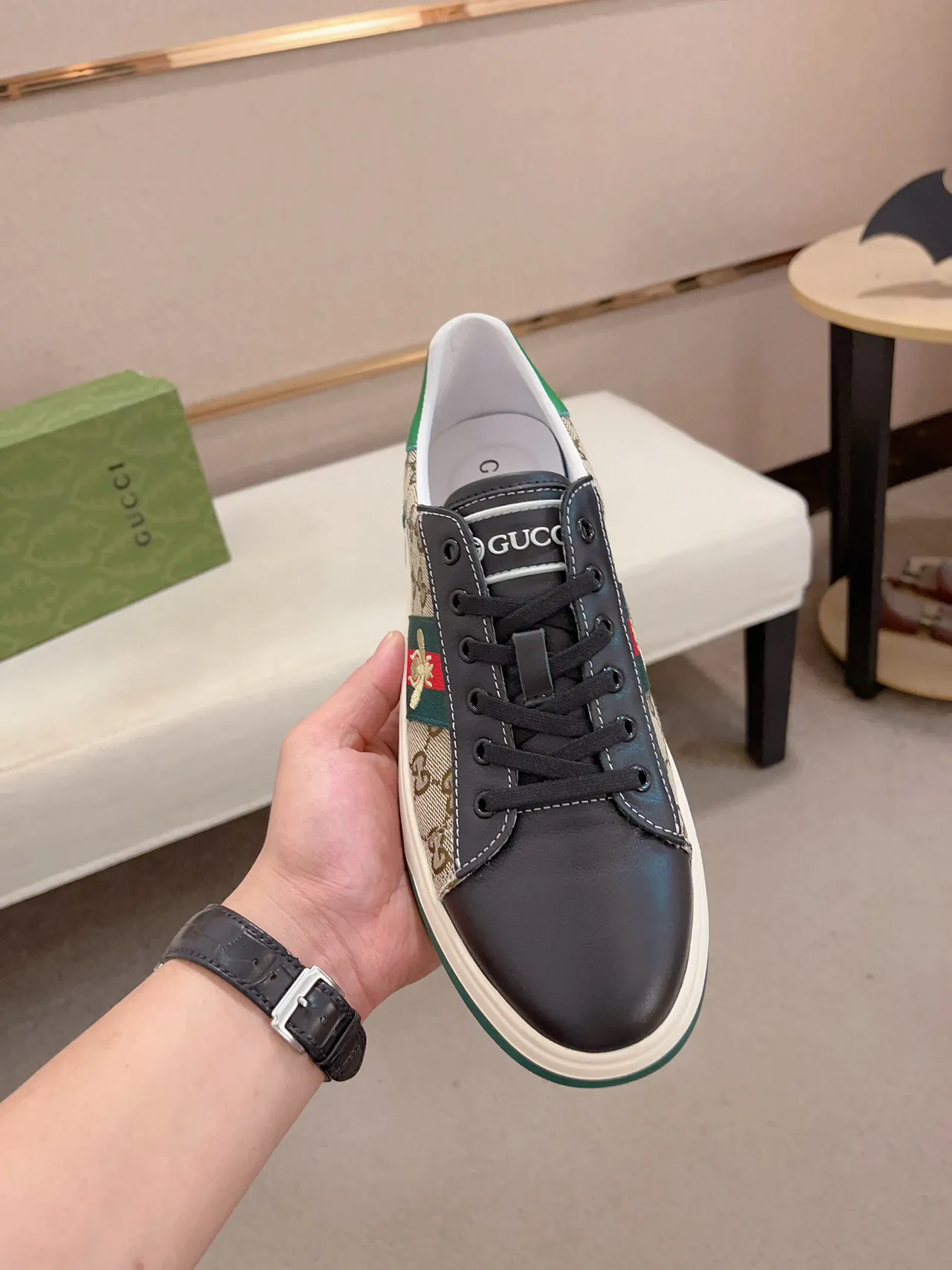 Gucci Beige Green GG Monogram Canvas Leather Toe Cap Lifestyle Sneakers 2