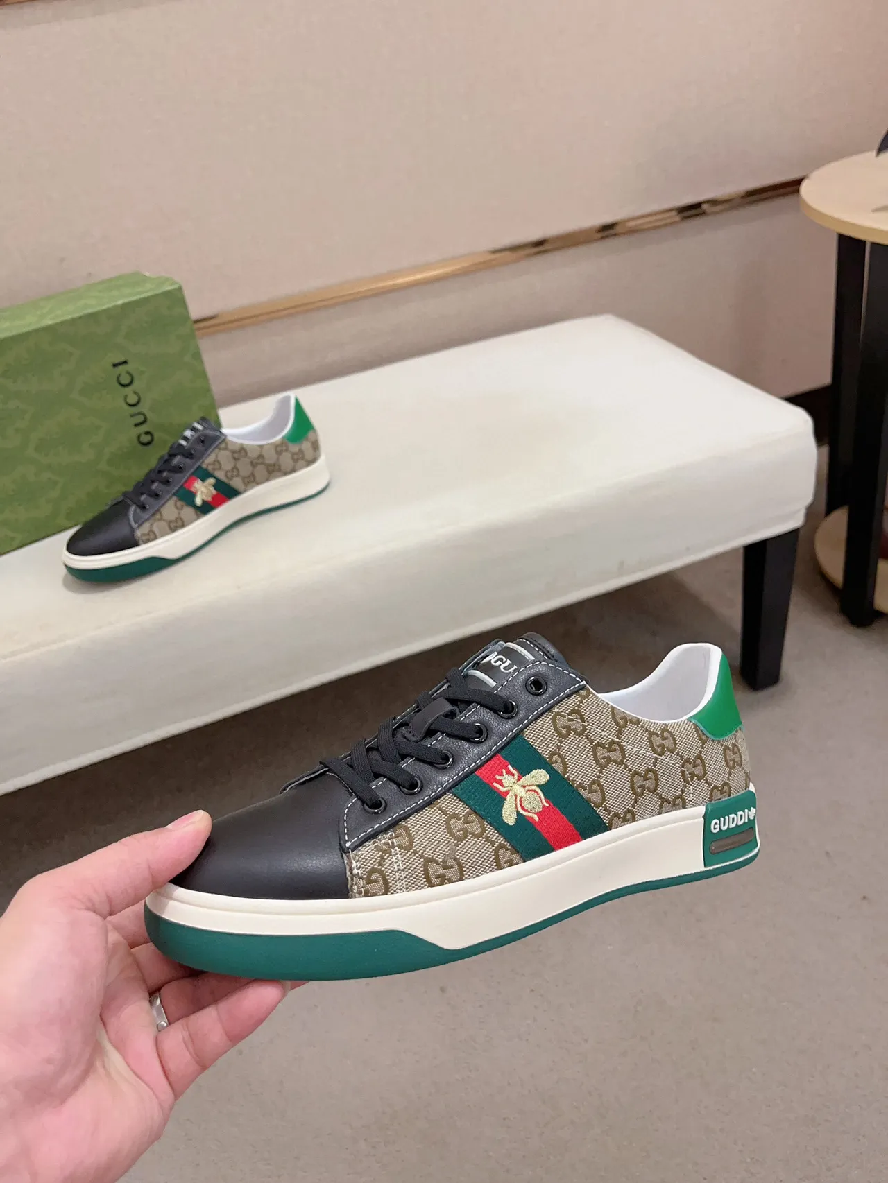 Gucci Beige Green GG Monogram Canvas Leather Toe Cap Lifestyle Sneakers 3