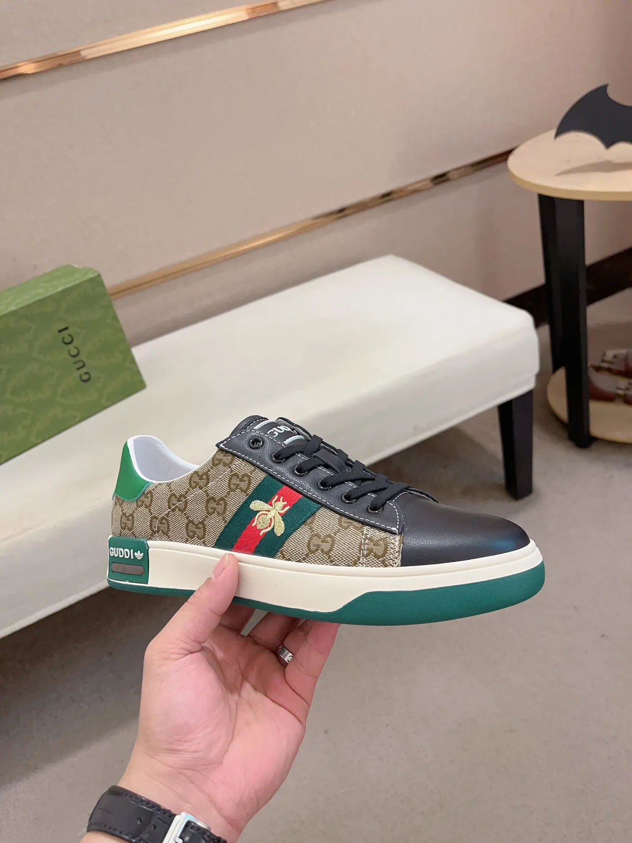 Gucci Beige Green GG Monogram Canvas Leather Toe Cap Lifestyle Sneakers 4