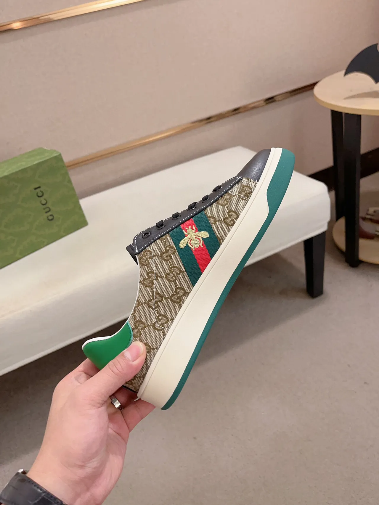 Gucci Beige Green GG Monogram Canvas Leather Toe Cap Lifestyle Sneakers 5