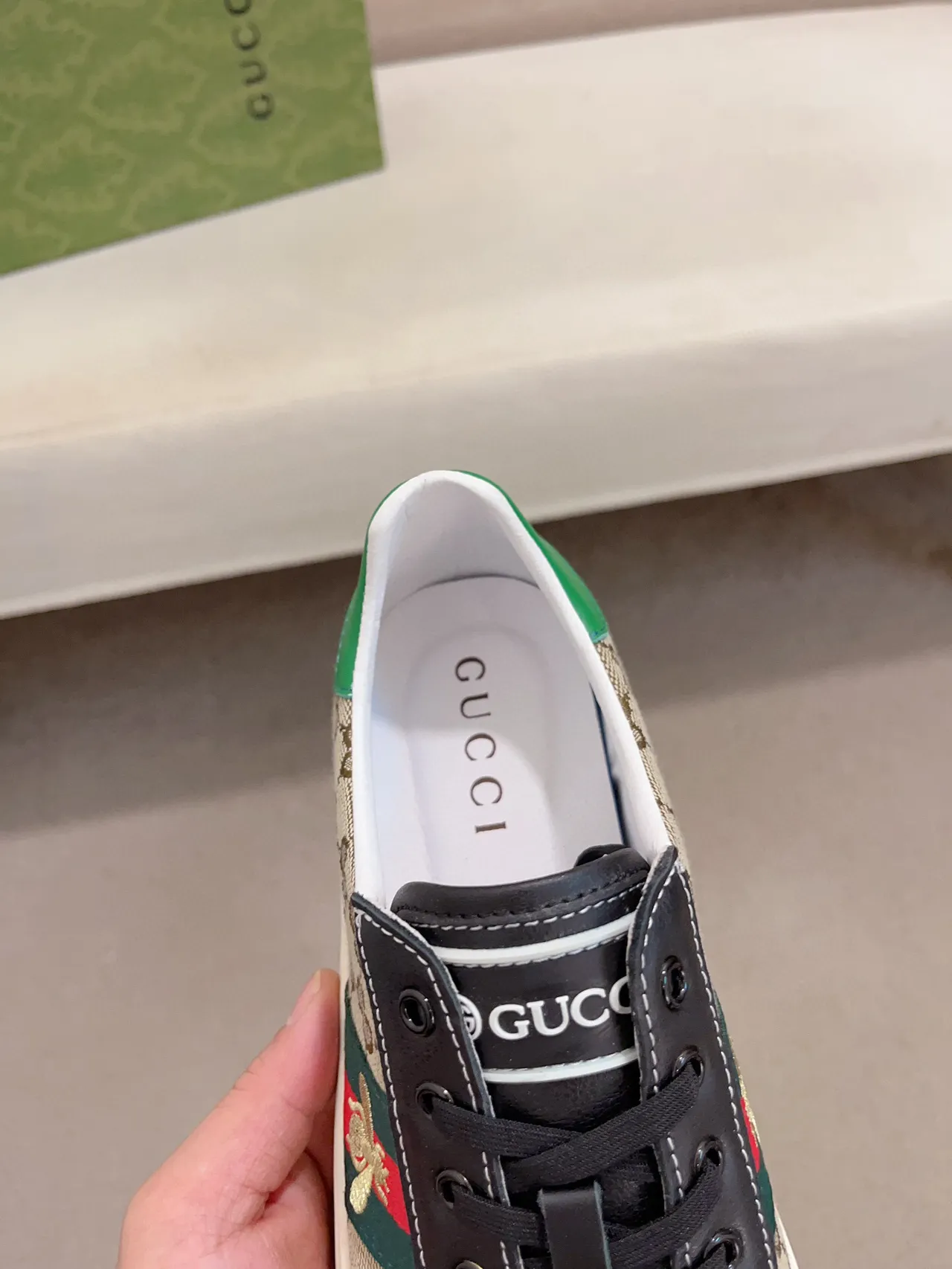 Gucci Beige Green GG Monogram Canvas Leather Toe Cap Lifestyle Sneakers 6