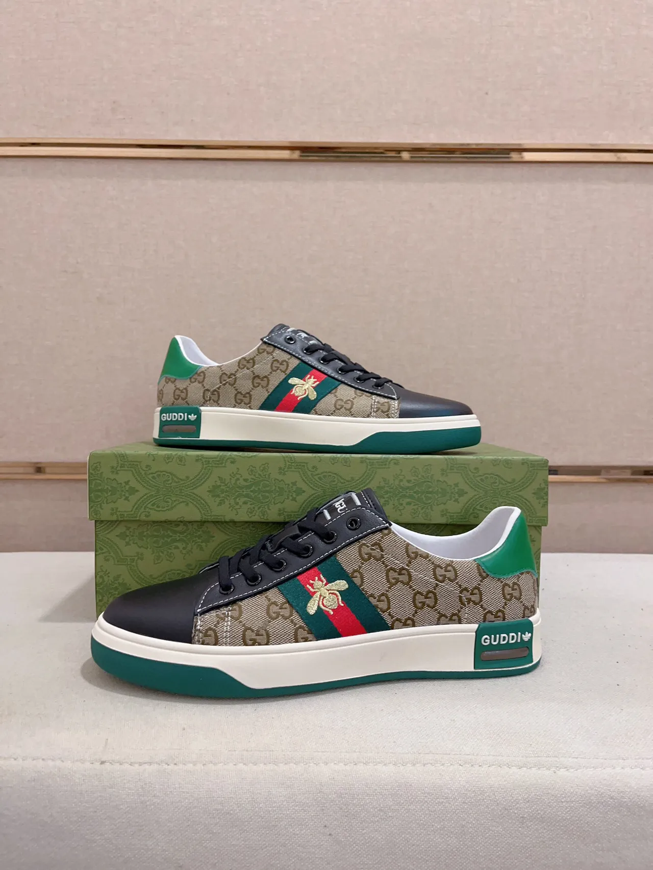 Gucci Beige Green GG Monogram Canvas Leather Toe Cap Lifestyle Sneakers 7