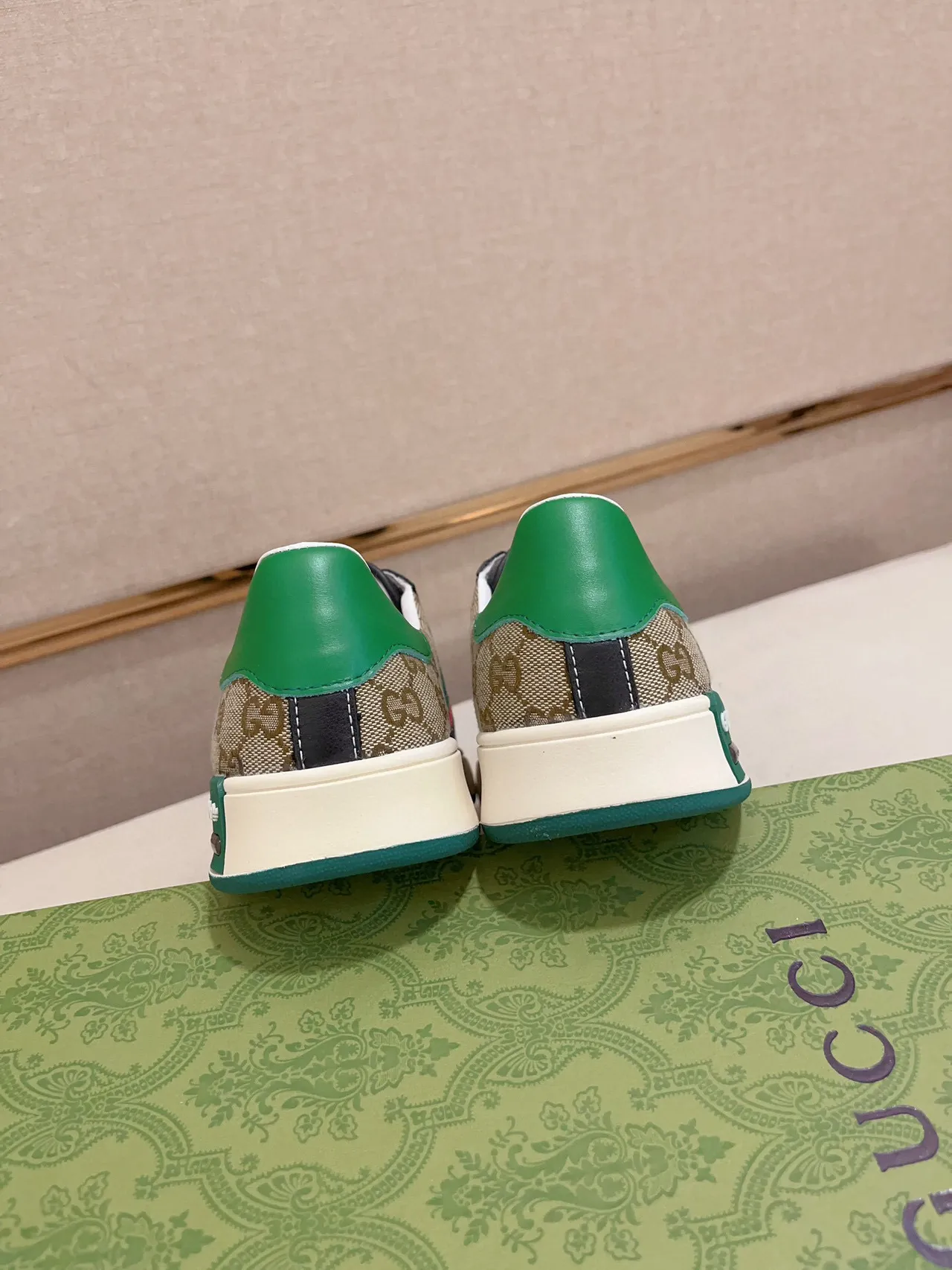 Gucci Beige Green GG Monogram Canvas Leather Toe Cap Lifestyle Sneakers 8