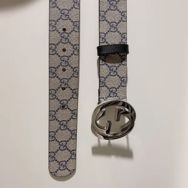Gucci Beige Navy GG Supreme Interlocking G Monogram Canvas Belt 4
