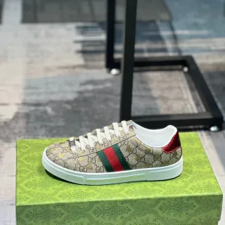 Gucci Beige Red GG Monogram Canvas Web Stripe Detail Lifestyle Sneakers