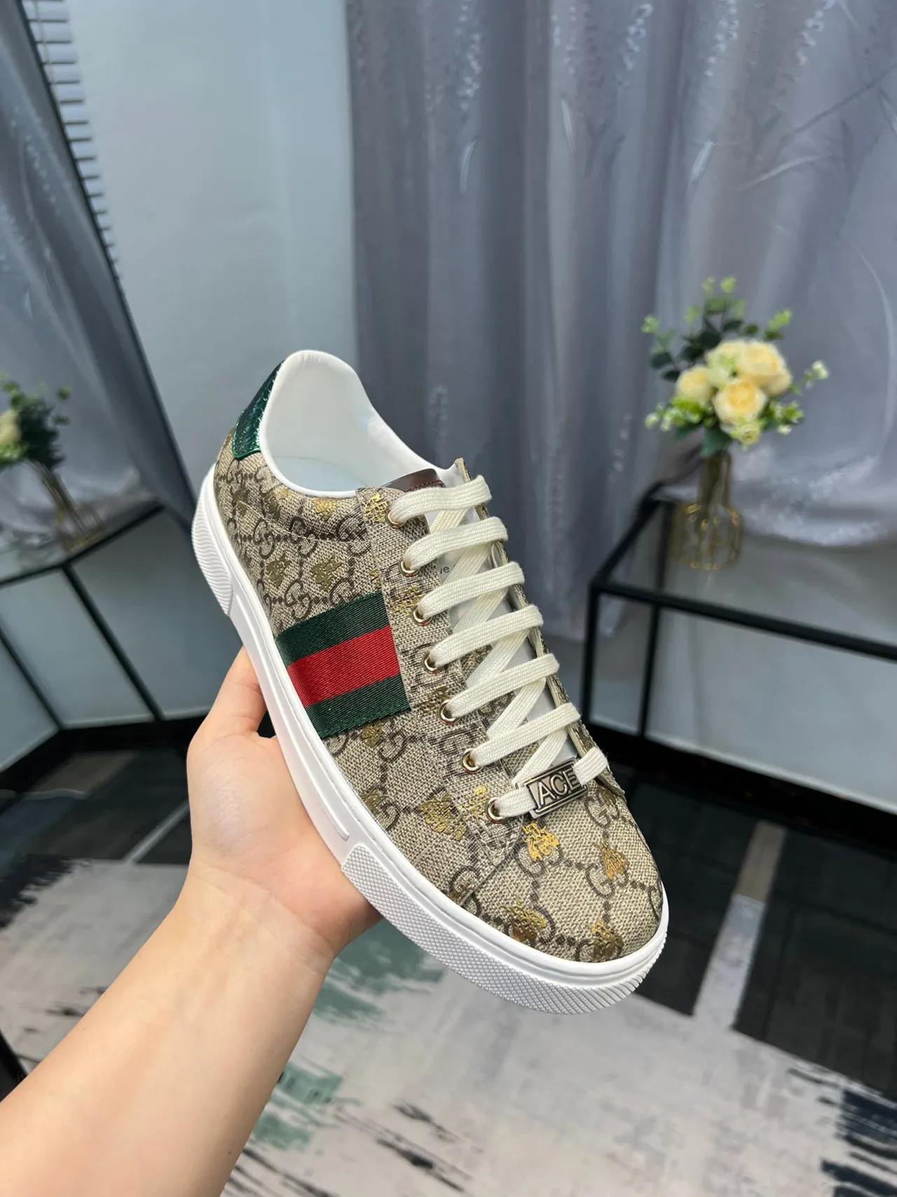 Gucci Beige Red GG Monogram Canvas Web Stripe Detail Lifestyle Sneakers 6