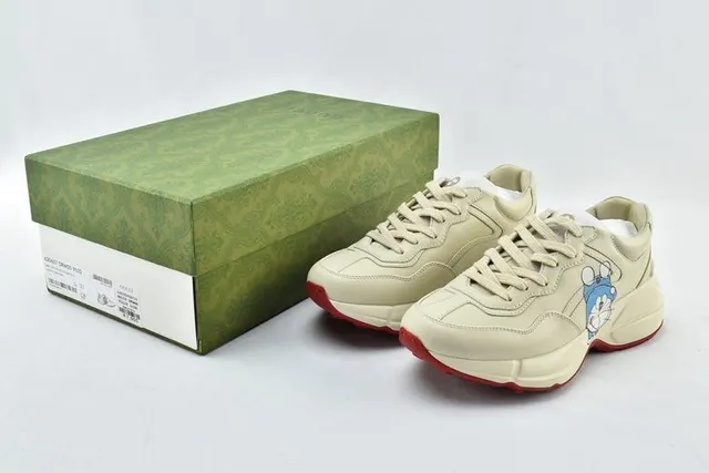 Gucci Beige Red Sole Leather Upper Chunky Sneakers 10
