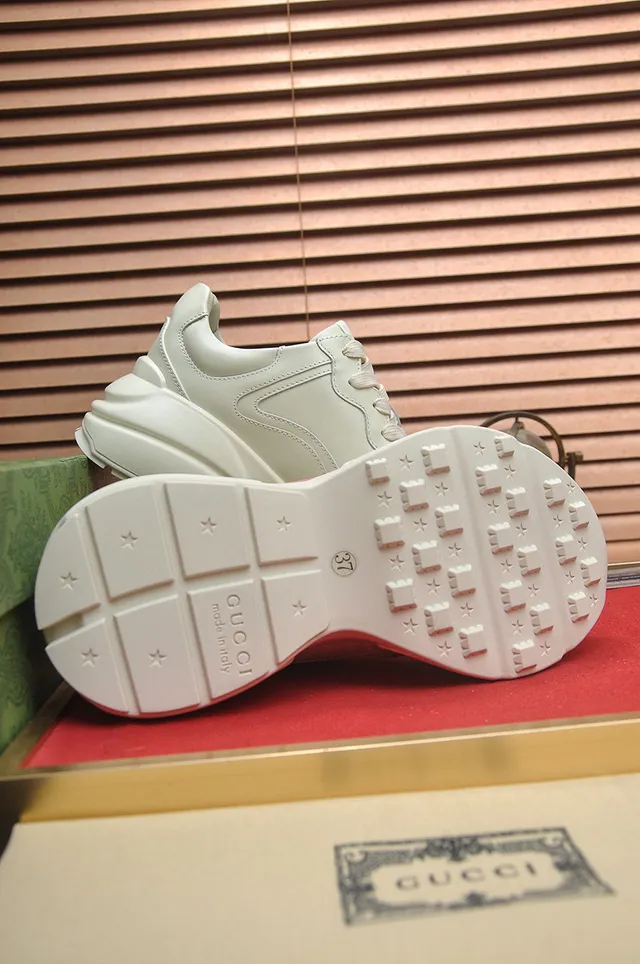 Gucci Beige Red Sole Paneled Leather Upper Chunky Sneakers 2