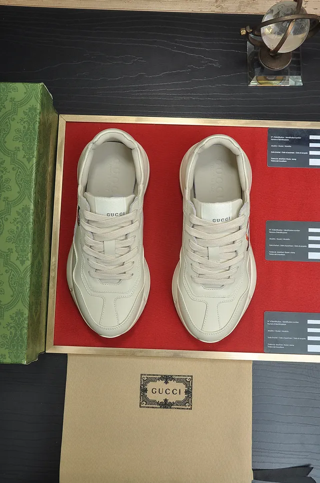 Gucci Beige Red Sole Paneled Leather Upper Chunky Sneakers 3