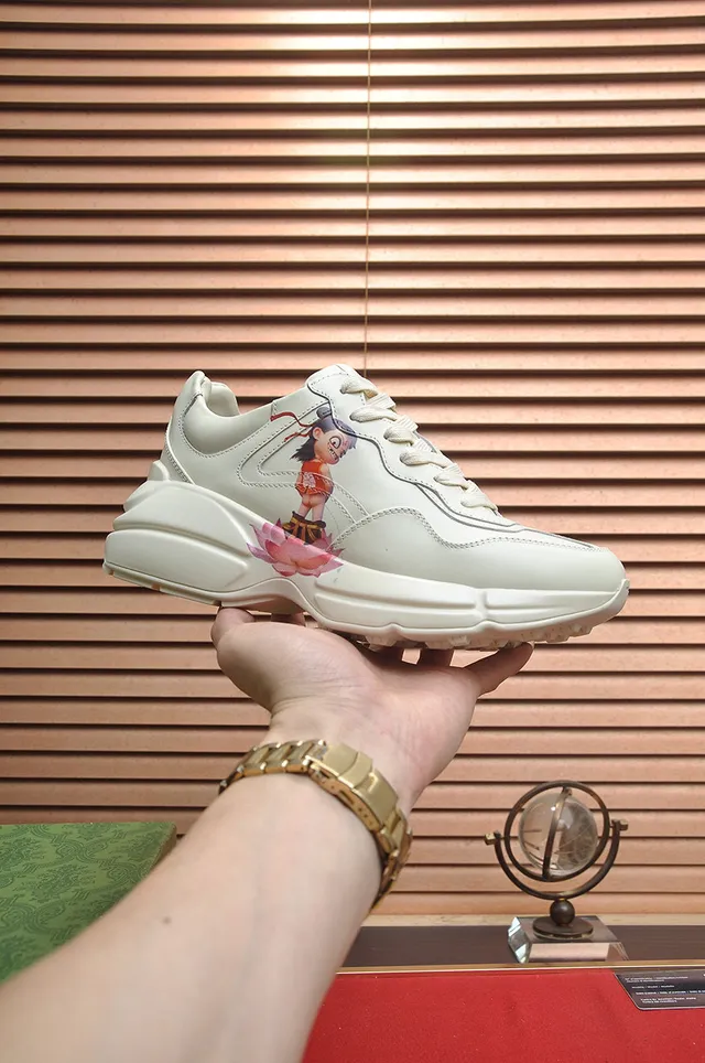 Gucci Beige Red Sole Paneled Leather Upper Chunky Sneakers 4