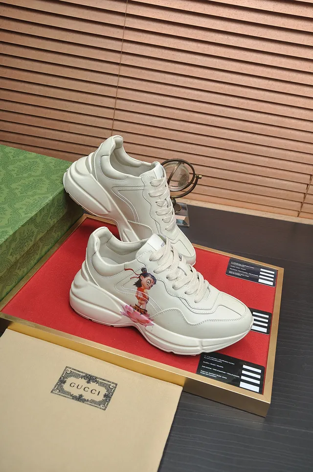 Gucci Beige Red Sole Paneled Leather Upper Chunky Sneakers 7