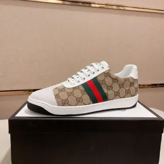 Gucci Beige White GG Monogram Canvas Web Stripe Accent Lifestyle Sneakers