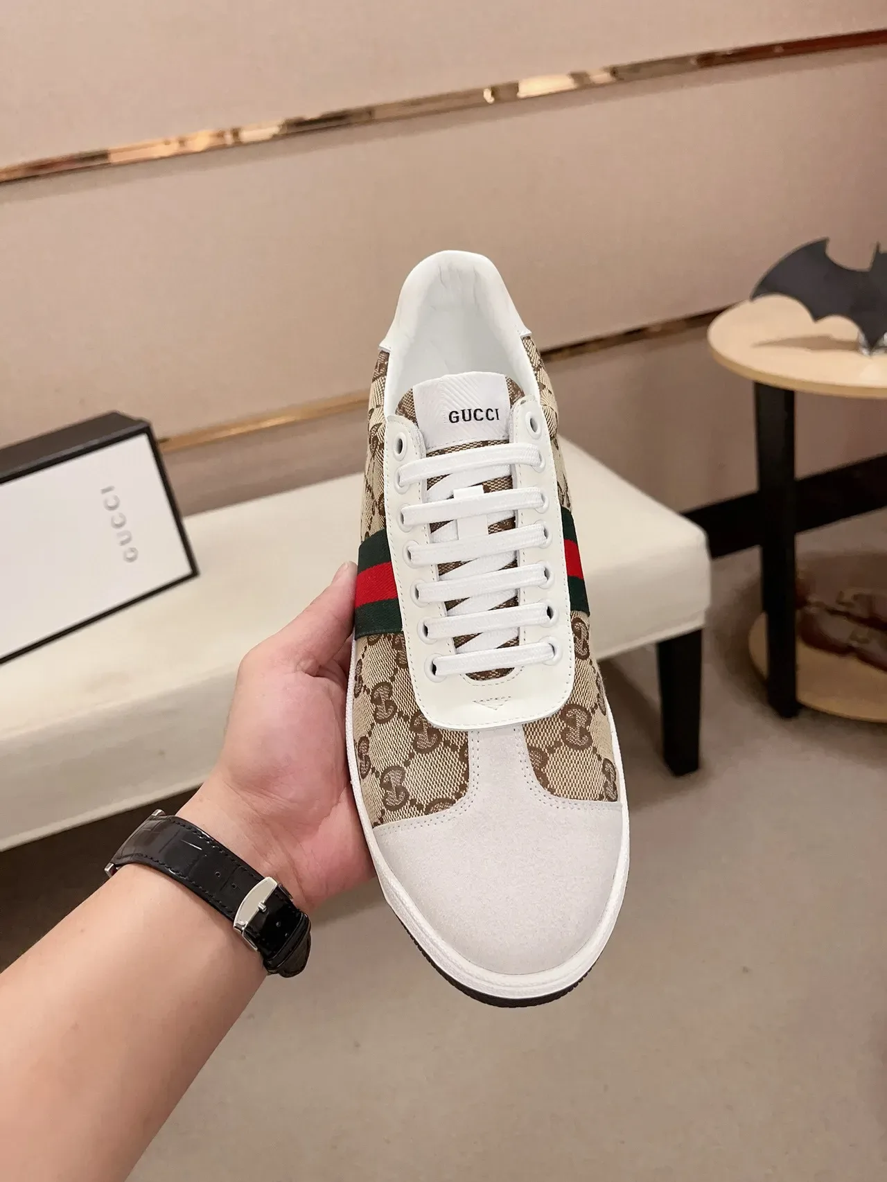 Gucci Beige White GG Monogram Canvas Web Stripe Accent Lifestyle Sneakers 2