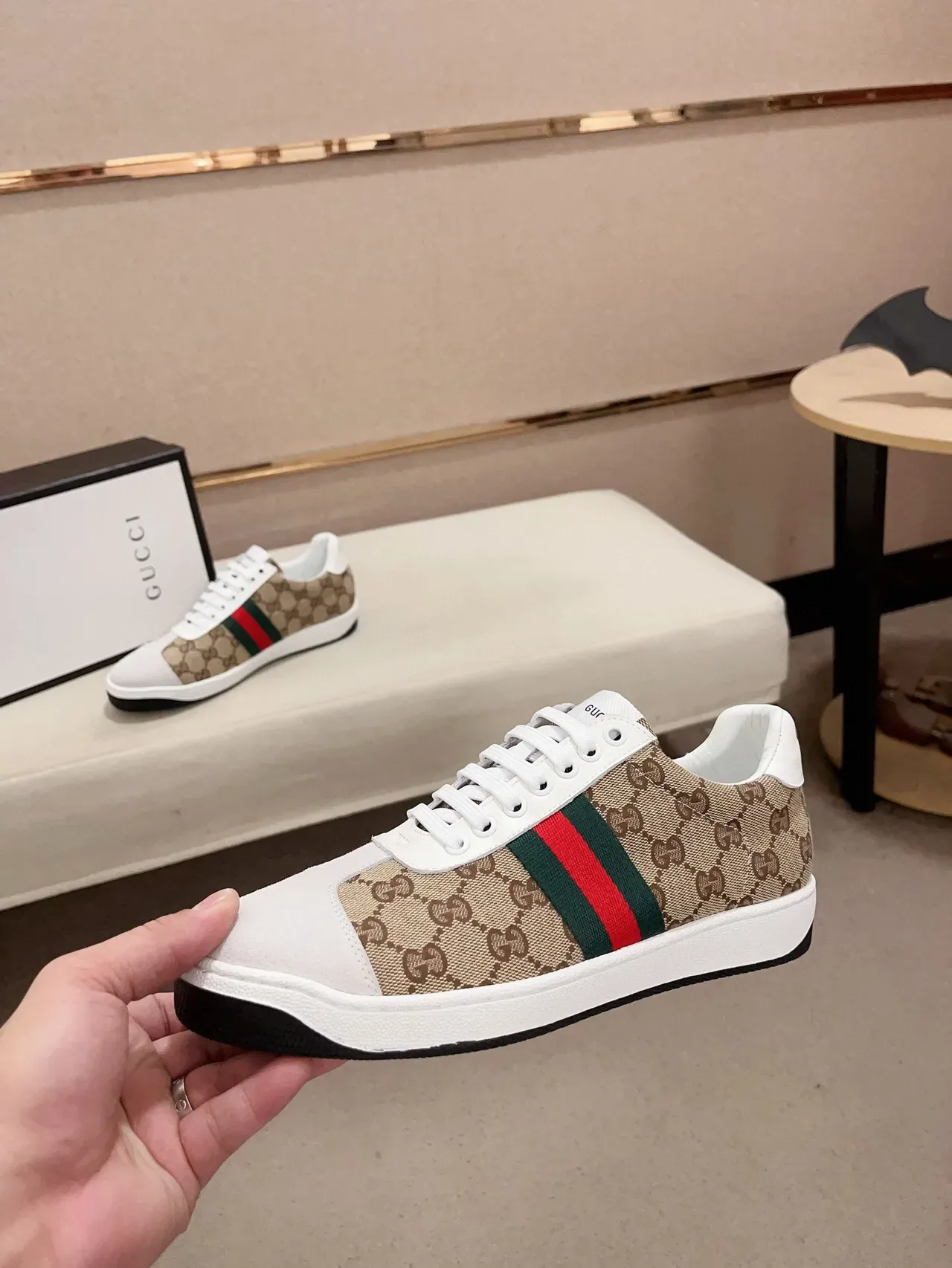Gucci Beige White GG Monogram Canvas Web Stripe Accent Lifestyle Sneakers 3