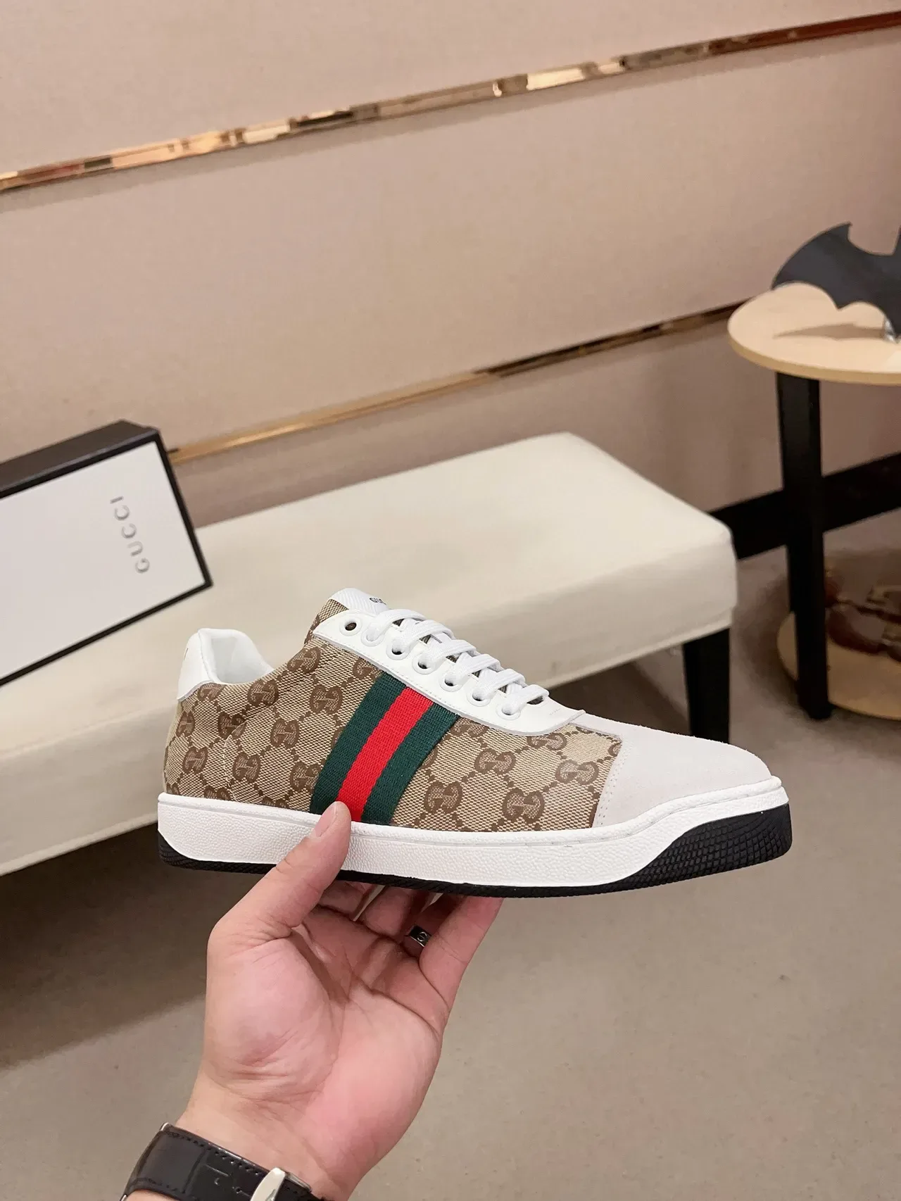 Gucci Beige White GG Monogram Canvas Web Stripe Accent Lifestyle Sneakers 4