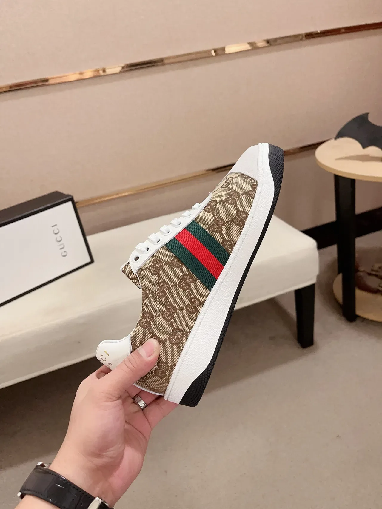 Gucci Beige White GG Monogram Canvas Web Stripe Accent Lifestyle Sneakers 5