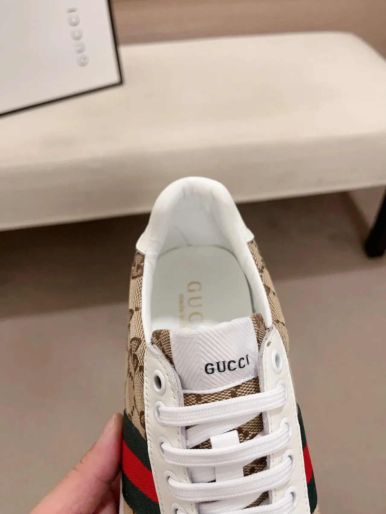 Gucci Beige White GG Monogram Canvas Web Stripe Accent Lifestyle Sneakers 6