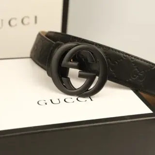 Gucci Black Beige Matte Interlocking G Buckle Embossed GG Monogram Leather Belt