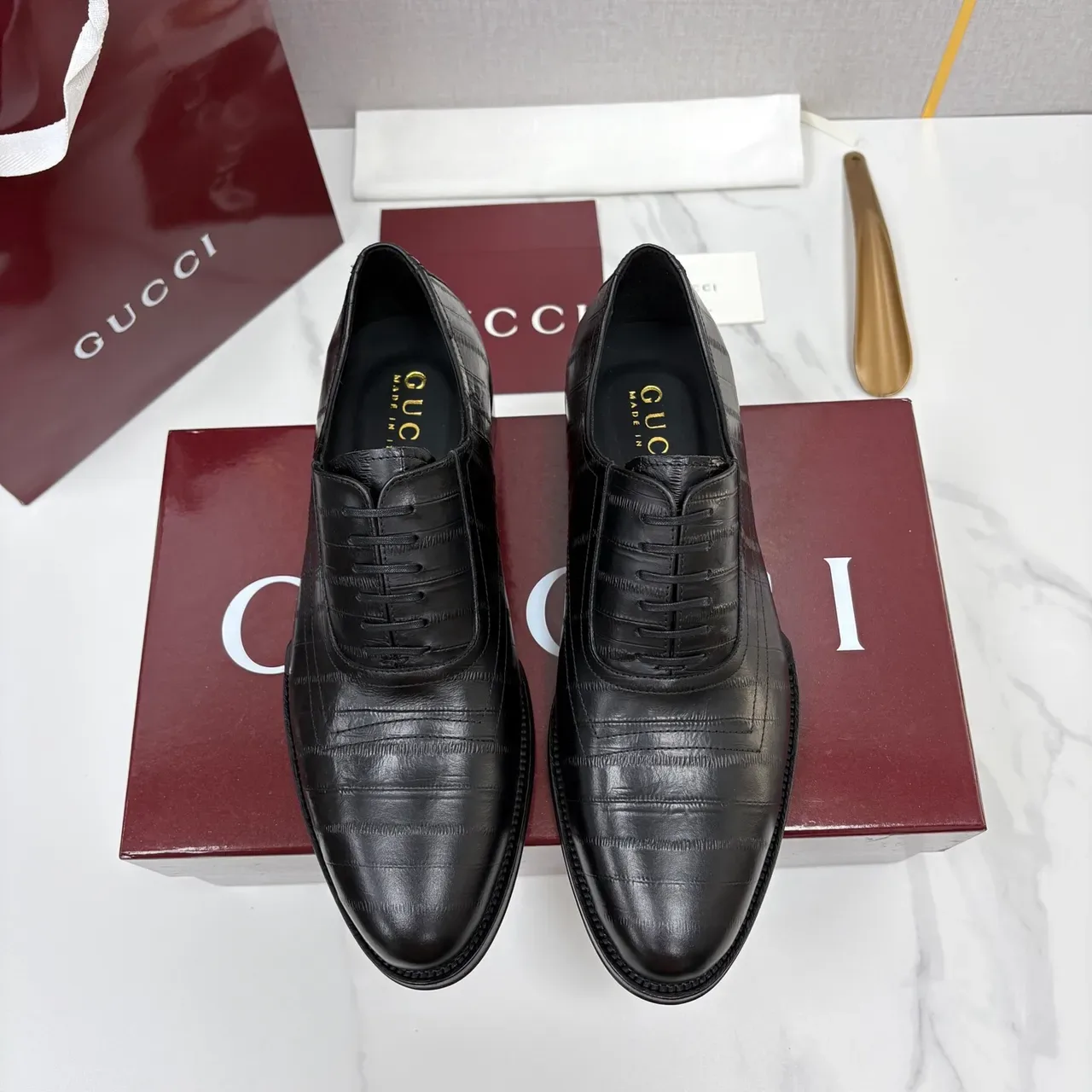 Gucci Black Croc-Embossed Derby Shoes 5
