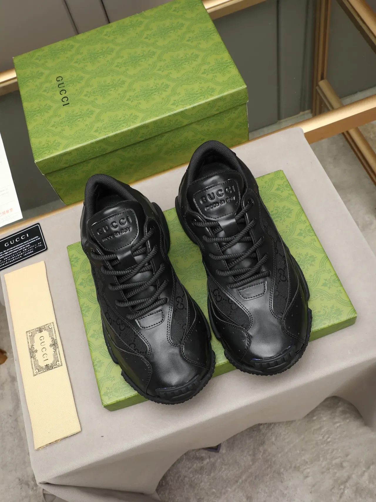 Gucci Black Gold Monogram Mesh Panel Perforated Leather Upper Lifestyle Sneakers 3