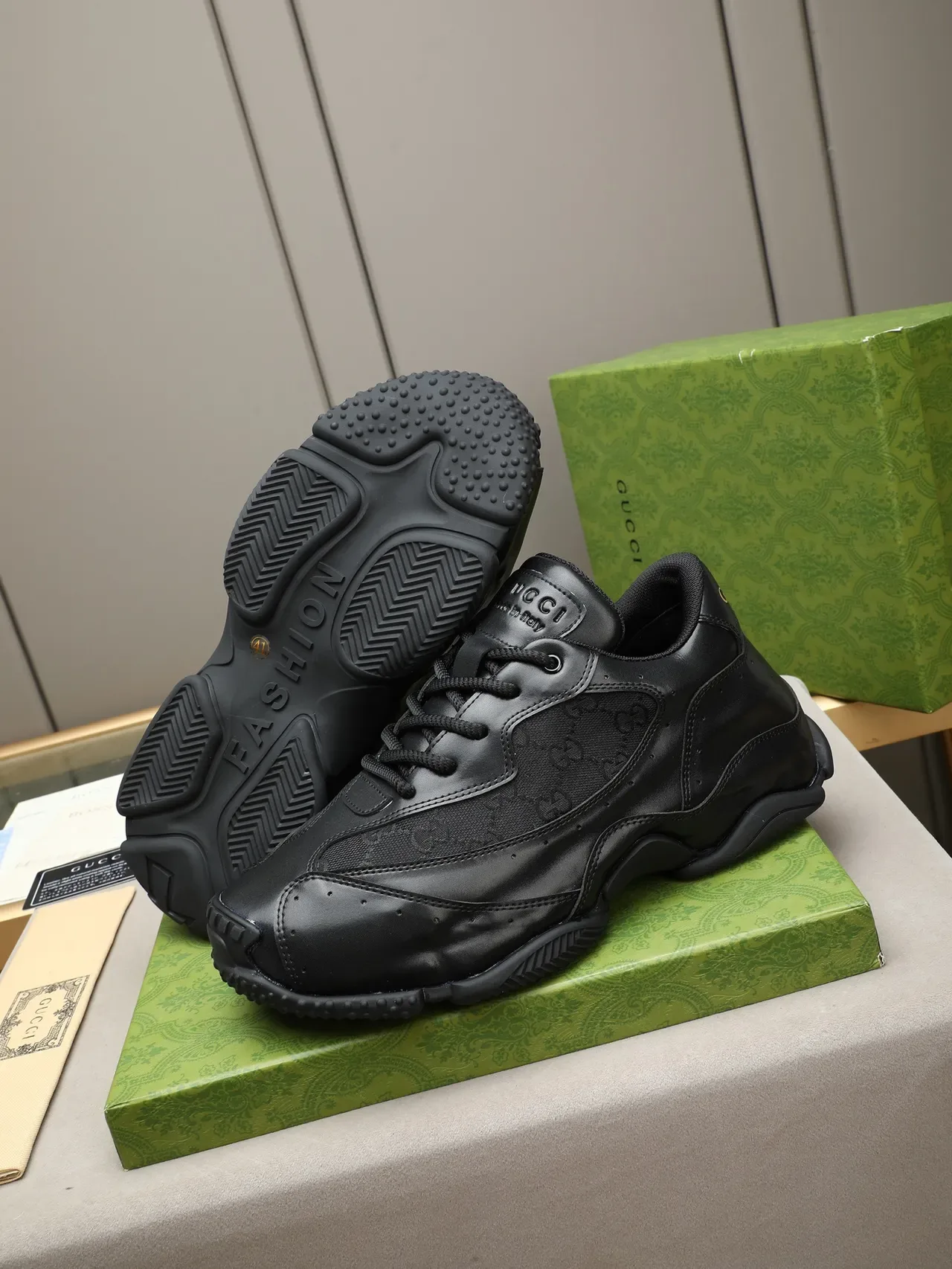 Gucci Black Gold Monogram Mesh Panel Perforated Leather Upper Lifestyle Sneakers 4